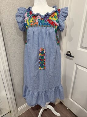 J.Marie Blue Striped Midi Dress with Colorful Smocked Yoke Hispanic Flare
